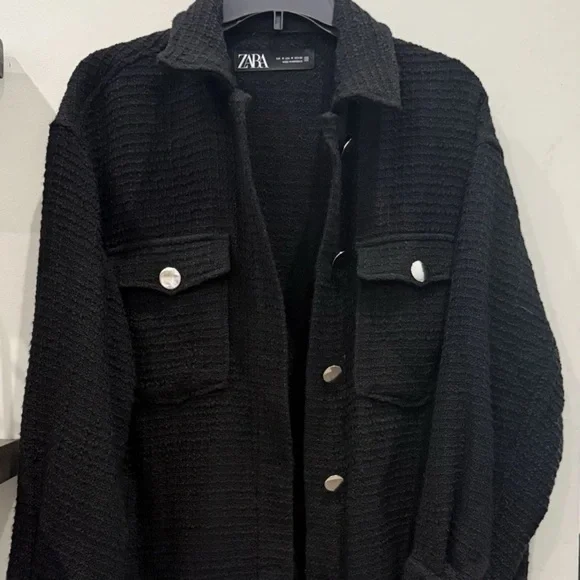 ZARA Tweed Oversized Shacket Jacket Textured Frayed Black w/Silver Buttons Med - Picture 3 of 5